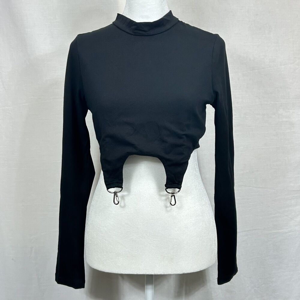 Shein Garter Crop Top Black Mock Neck Long Sleeve Edgy Goth Punk Club Festival